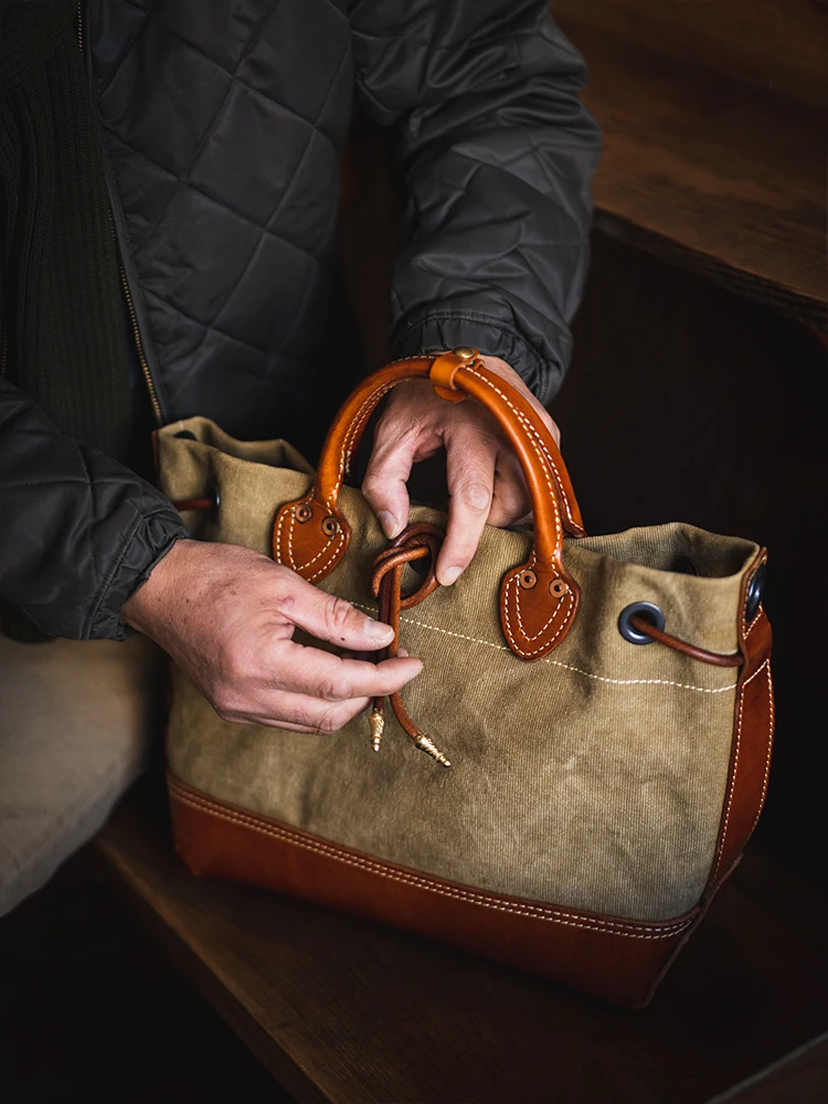 casual outdoor daily travel vintage high-quality heavy canvas cow leather men's handbags american tote shoulder crossbody bag