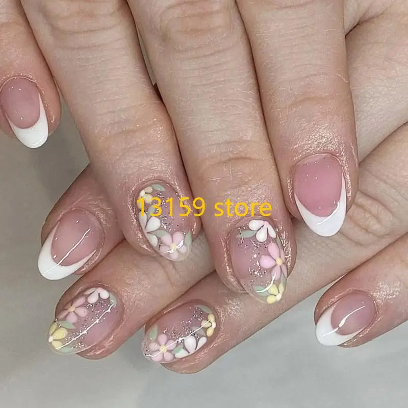 

270A Summer French Short Press on With Floral Glitters Designs False