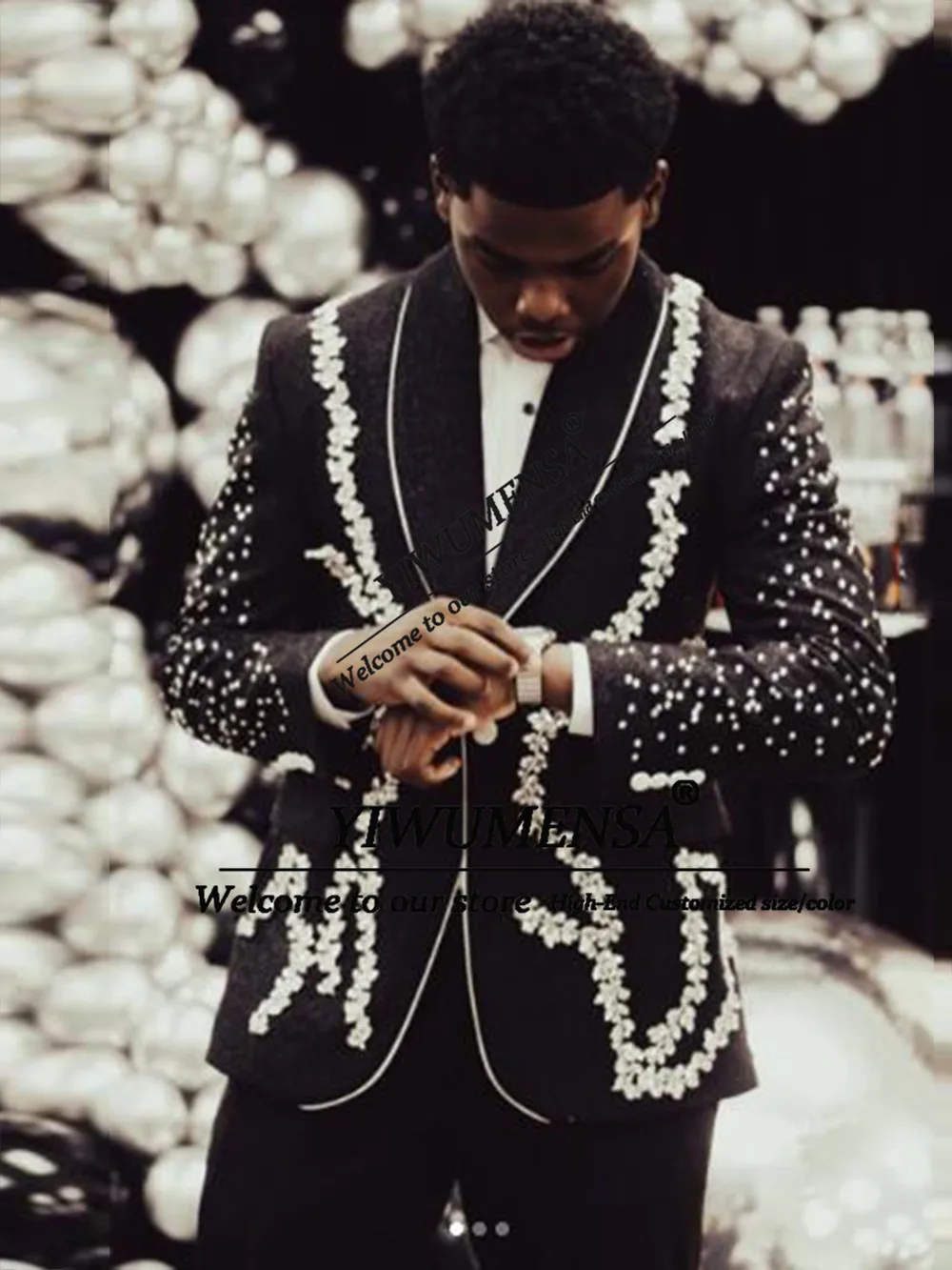 

Мужские модные костюмы с жемчужной вышивкой, свадебные смокинги для жениха, индивидуальный пошив, комплекты из 2 предметов: пиджак с шалевым воротником и брюки, для деловых встреч и вечеринок