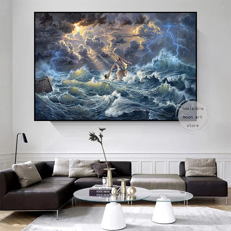 Abstract Religion Art Jesus Christian Poster,waves,save A Person Canvas Painting Wall Prints Picture  for Living Room Home Decor