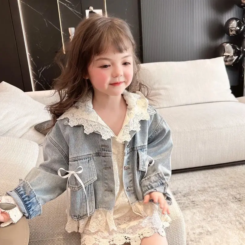 

Girls' Spring and Autumn 2025 New Denim Coat Girls' Elegant Lace Dress Children's Spring Two Piece Set