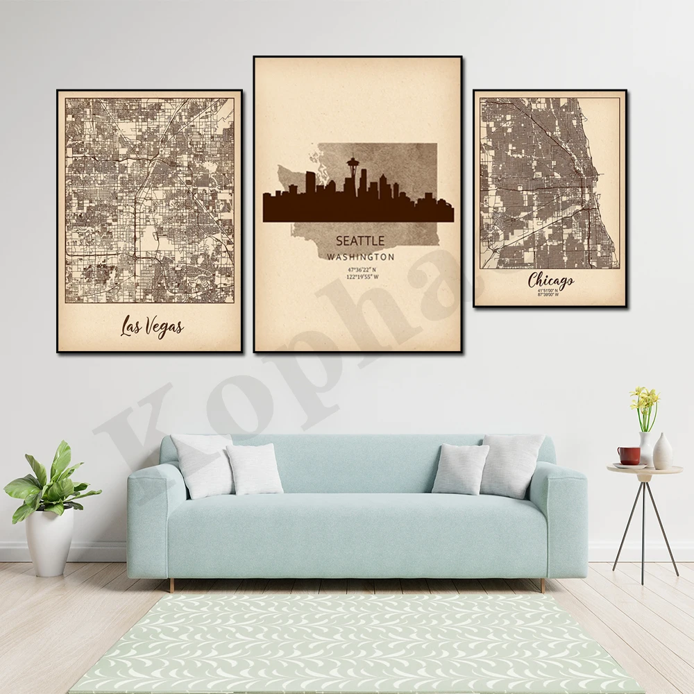 Usa Chicago Seattle Skyline City Map Geographic Coordinates Modern Decorative Canvas Painting