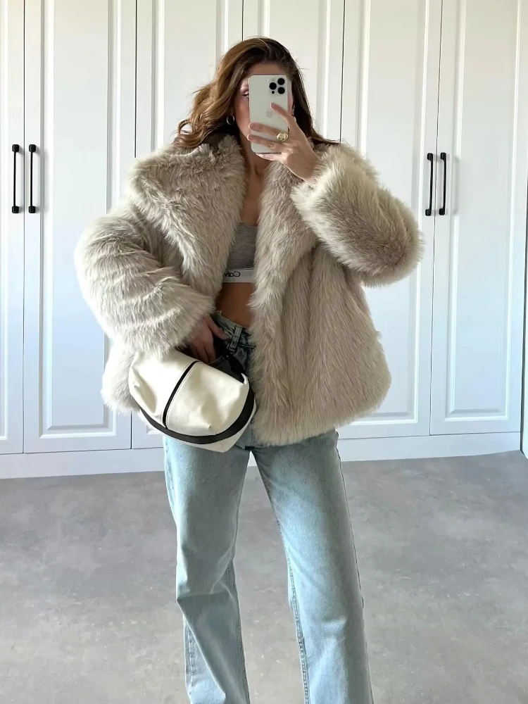 2024 Women Fashion Cropped Faux Fur Jacket Coat Long Sleeve Front Snap-button Female Outerwear Chic Lapel Collar Thick Coat A8