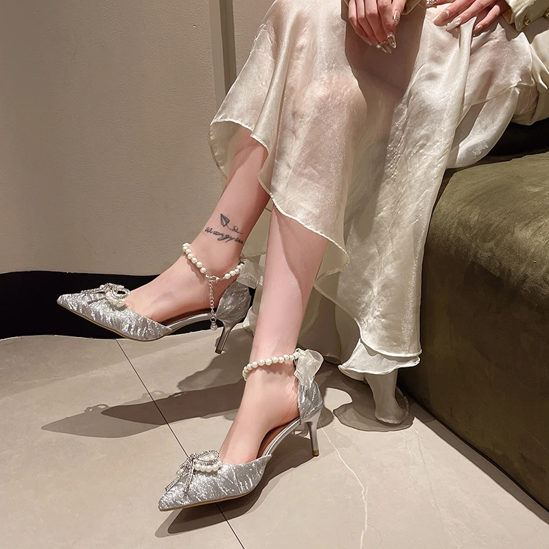 Mitzvah Crystal Wedding Shoes, Chaussures de mariée, Talons hauts, Perle argentée décorative, Sandales à talons fins, 18 ans, Nouveau, 8cm, 6cm