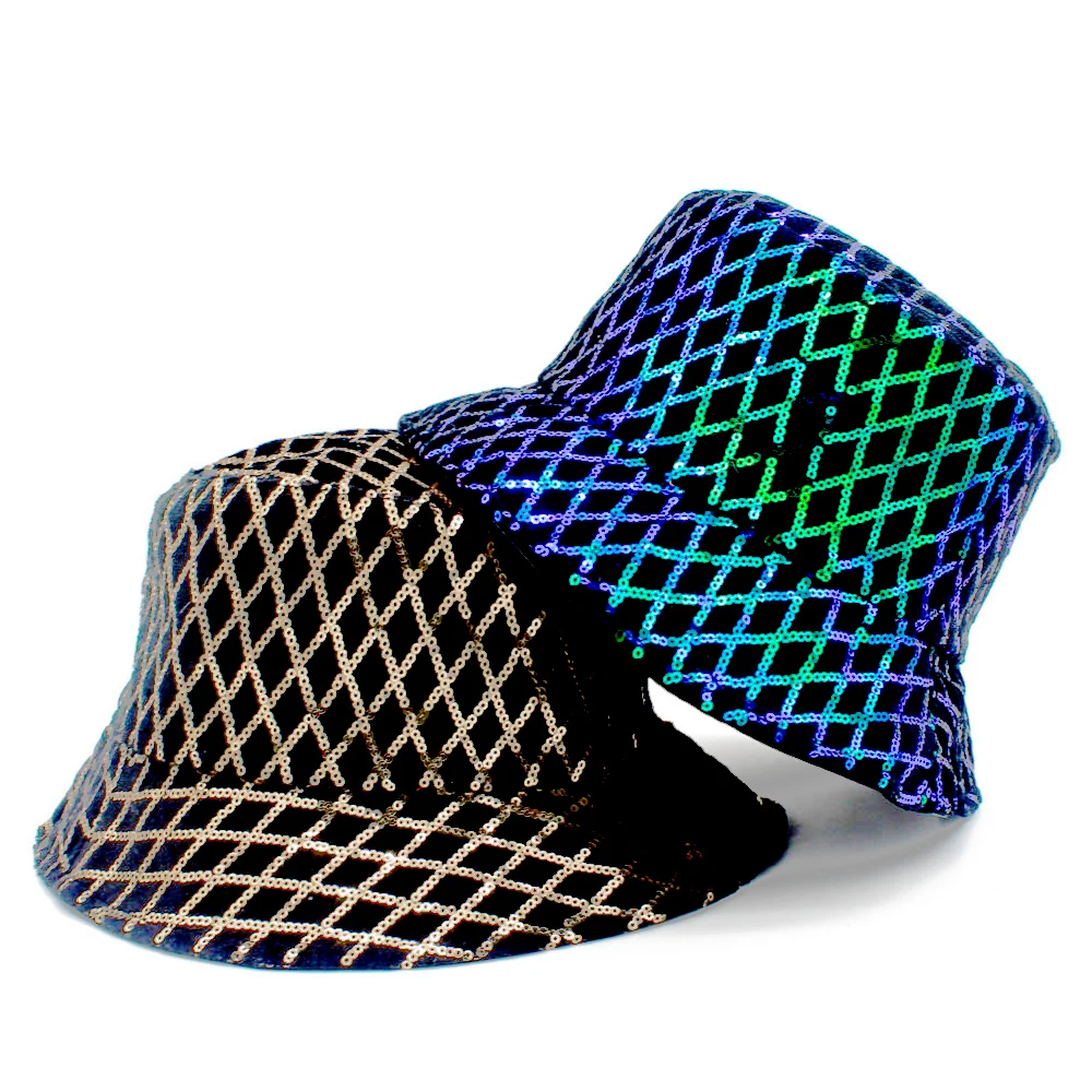 Flashy Shiny Ring Piece Reflective Striped Plaid Adult Unisex Bucket Hat for Men Women Nightclub Stage Fisherman Cap Guitar DY11