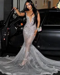 Silver Diamond Sparkly Mermaid Prom Party Dresses for Women Luxury Diamond Crystal Evening Pageant Gown robe de soirée