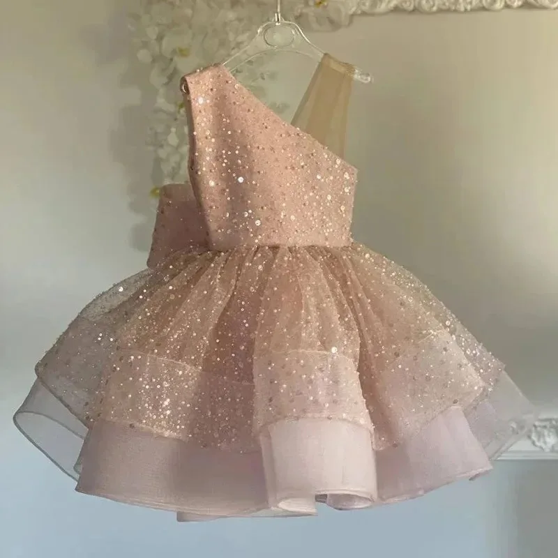 Gold Girls Sleeveless Tutu Princess Dress Stage Performance Piano Violin Sequin Gown Pageant Formal Attire Sparkle Party Clothes
