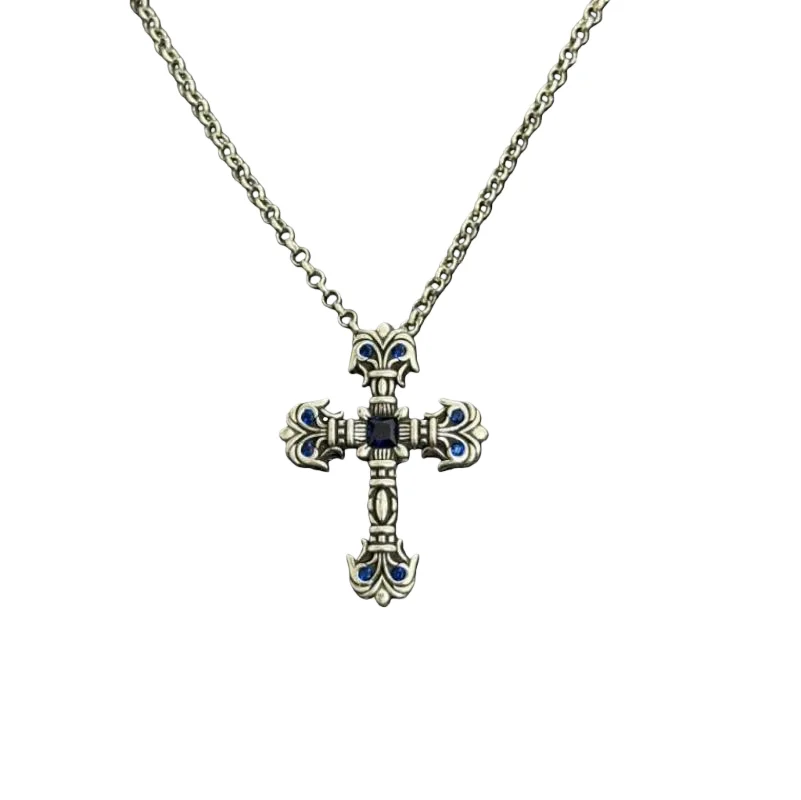 

Vintage Silver Ornate Cross Pendant Necklace with Sapphire Accents – Dark Luxe Gothic Statement Jewelry