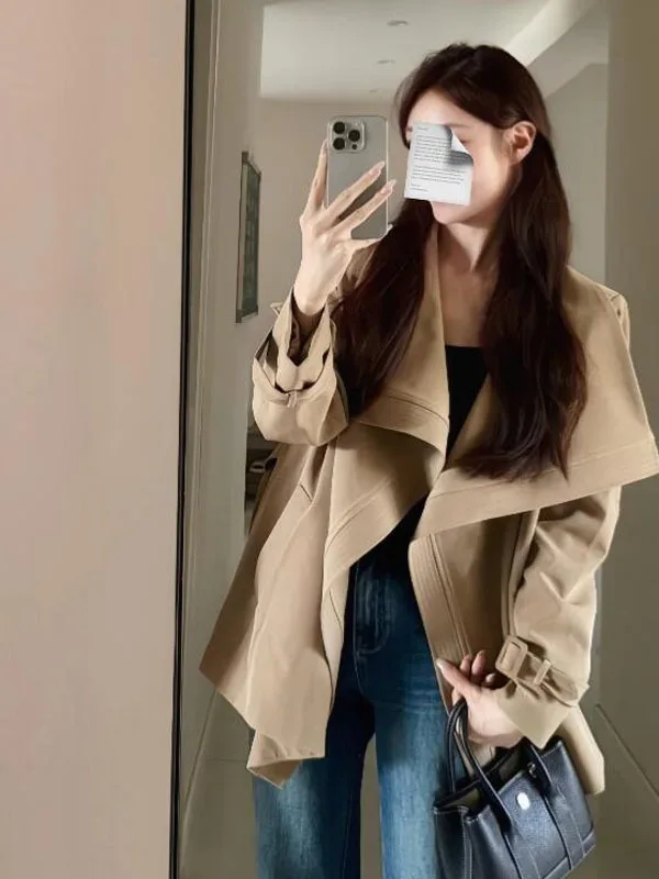 

Ретро-пальто цвета хаки с большим воротником для женщин, осенняя новинка, высокое качество, средней длины, элегантное.