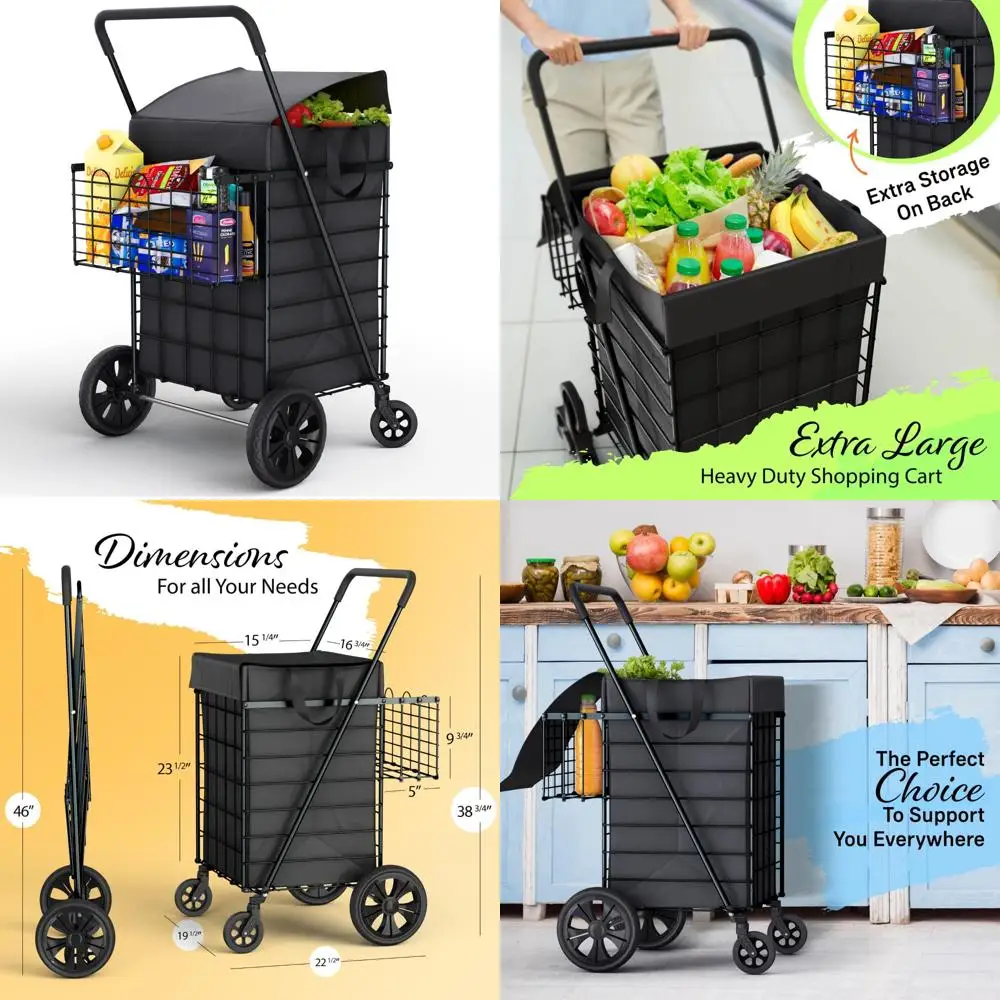 접이식 쇼핑 카트 방수 바구니와 360도 회전 바퀴 포함 - 식료품 및 세탁물에 이상적