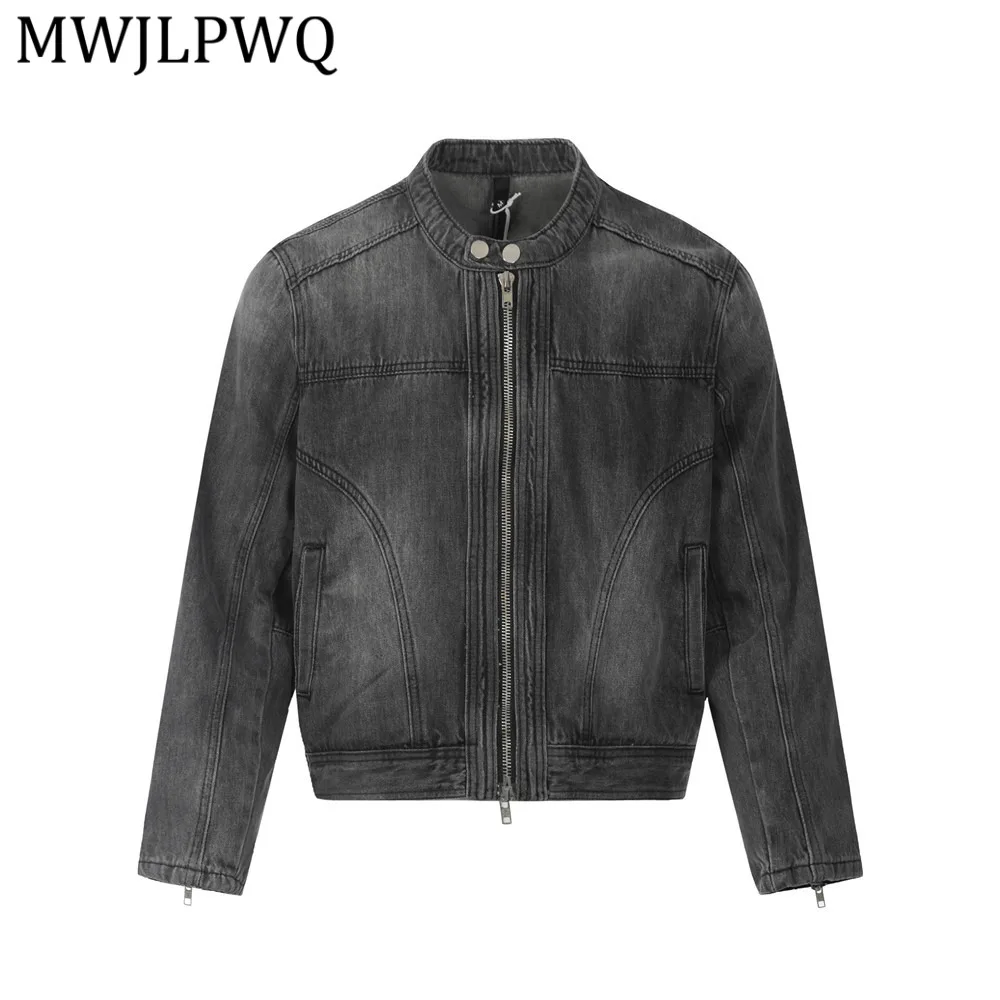 

MWJLPWQ Washed Vintage Denim Short Men's Jacket Spring Autumn High Street Design Heavy Stand Collar Workwear Couple Tops 15955