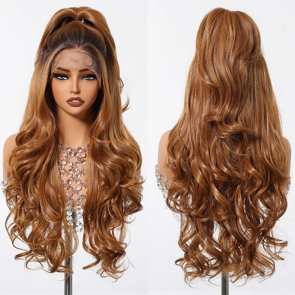 13*6 Swiss Lace Frontal Synthetic Wigs Preplucked Long Golden Brown Body Wave Afro Wigs Dark Root Wigs for Black Women Brazilian