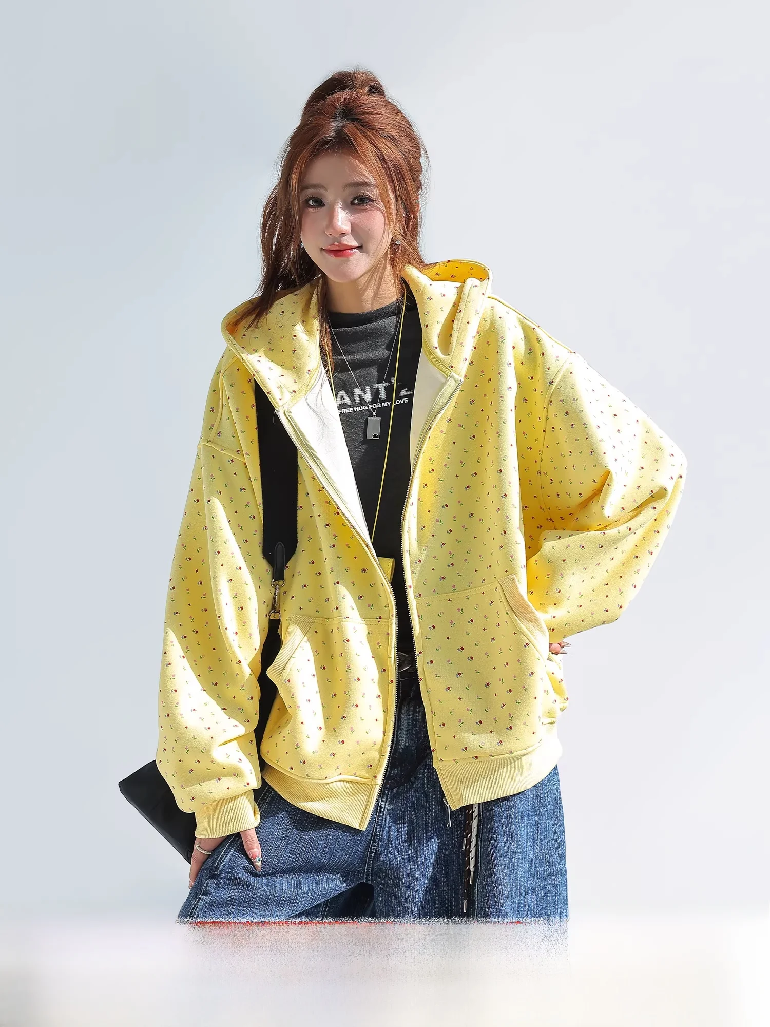 

Loose Korean Sle Floral Print Hoodie Jaet Women's Spring Lazy Sle Zipper Open Cardigan Breathable Casual Outerwear