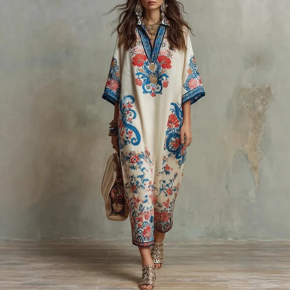 

2026 New Women V Neck Print Waist Cinched Ruffle Trim Long Dress Loose Temperament Versatile Vacation Style Dress