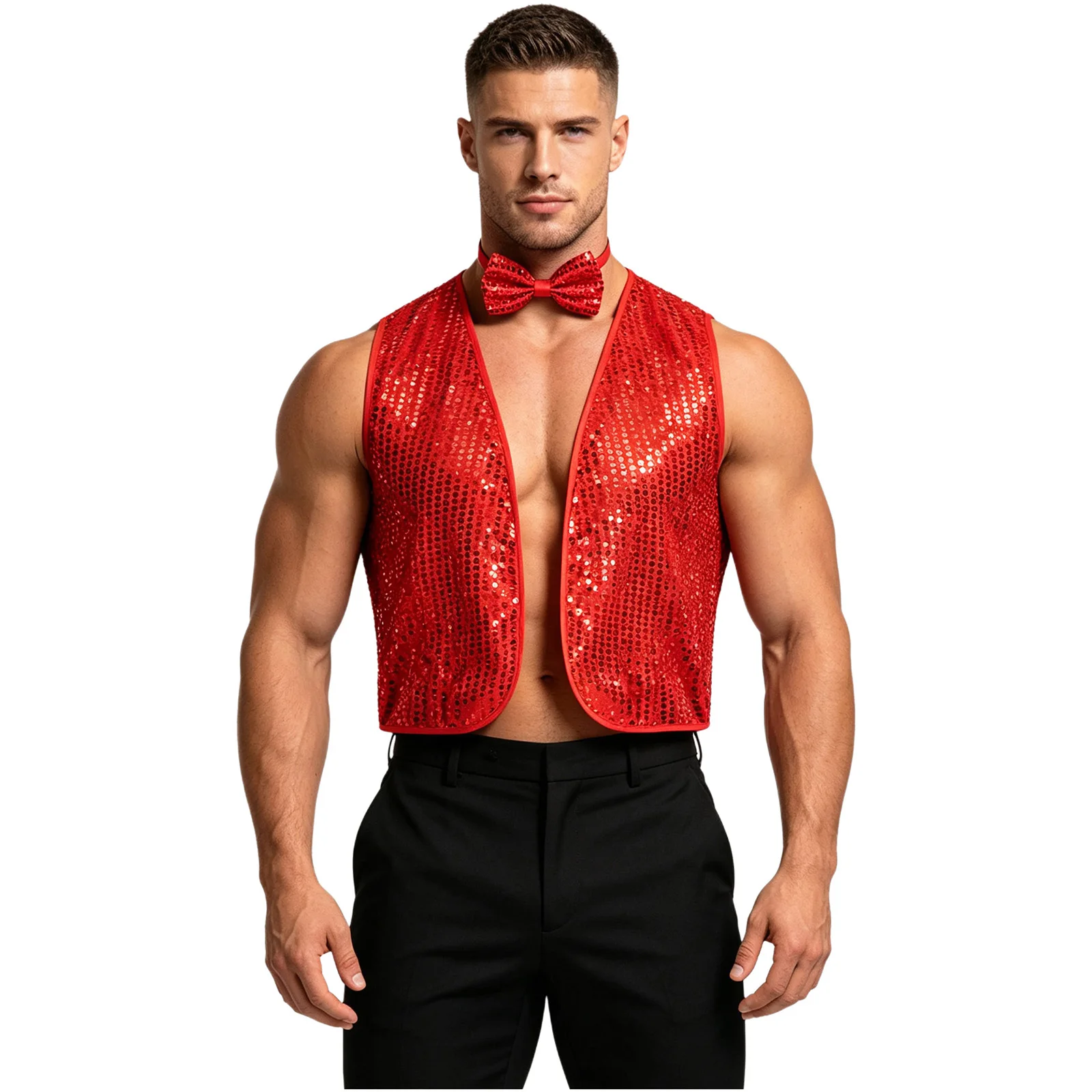 Men Sparkling Sequin Vest Bow-tie V-neck Sleeveless Blazer for Evening Party Annual Meeting Host Performance Costume Vests Coat