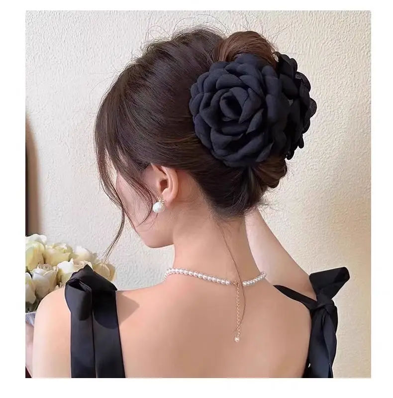 Three-dimensional Rose Flower Hair Claw Handmade Fabric Flowers Grab Hair Clip Sweet Shark Clip Hair Accessories for Women