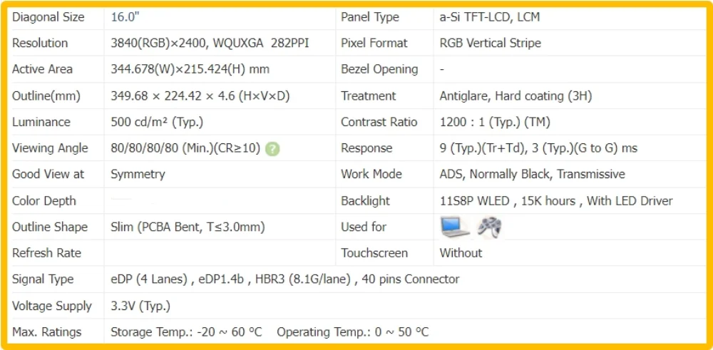 NE160QAM-NX1 NE160QAM NX1 16 inch Laptop Display LCD Screen No-touch Slim IPS Panel 4K UHD 3840x2400 EDP 40pins