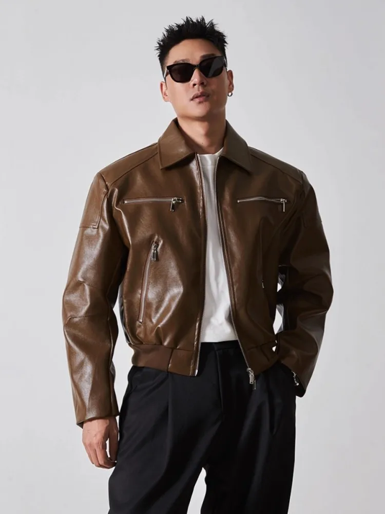 Fashion Mens Autumn New Multi Zipper Pockets Pu Leather Motorcycle Jacket Short Style Loose Fit Casual Faux Leather Riding Coat