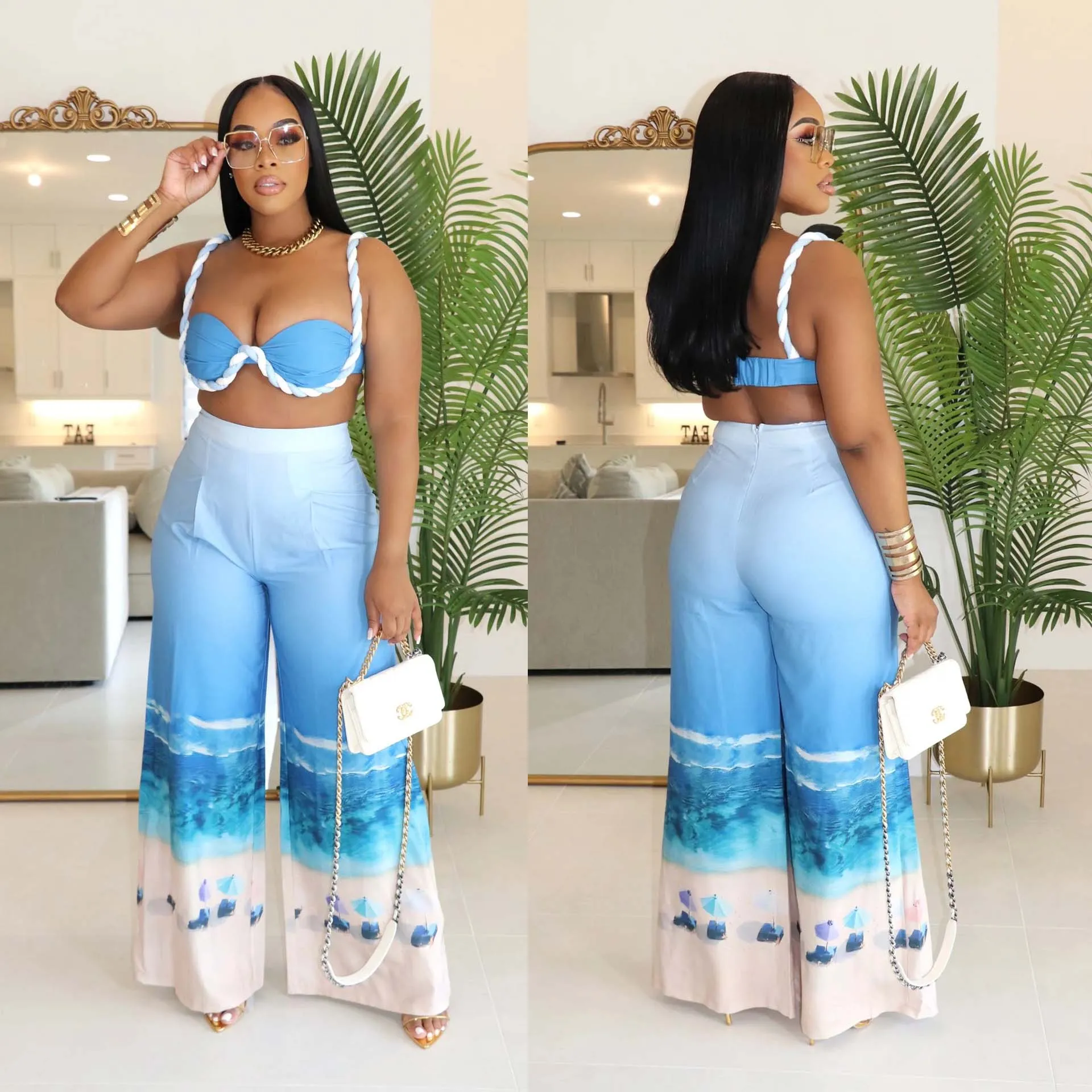 

Sexy Crop Bikini Tops Two Piece Pant Set Outfits Matching Sets 2024 Women Elegant Beach Wear Ladies Party 2 Piece Summer Set