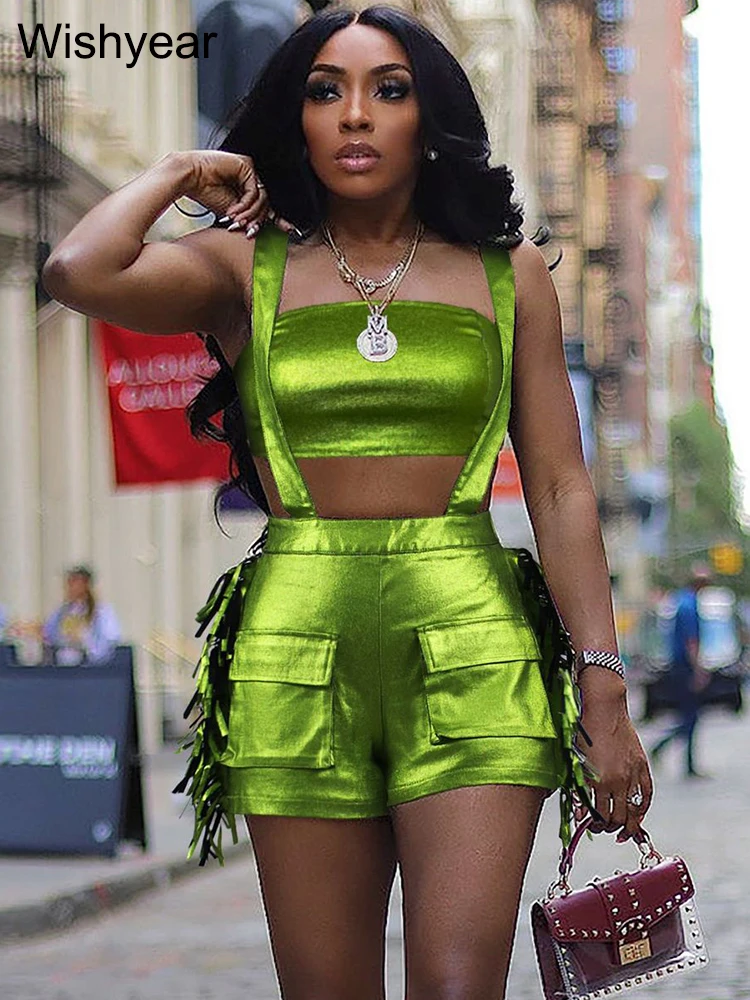 New Women's 2 Piece Metallic Outfit Set Sleeveless Crop Top & Fringe Shorts Nightclub Party Streetwear Silver Summer Casual Y2K