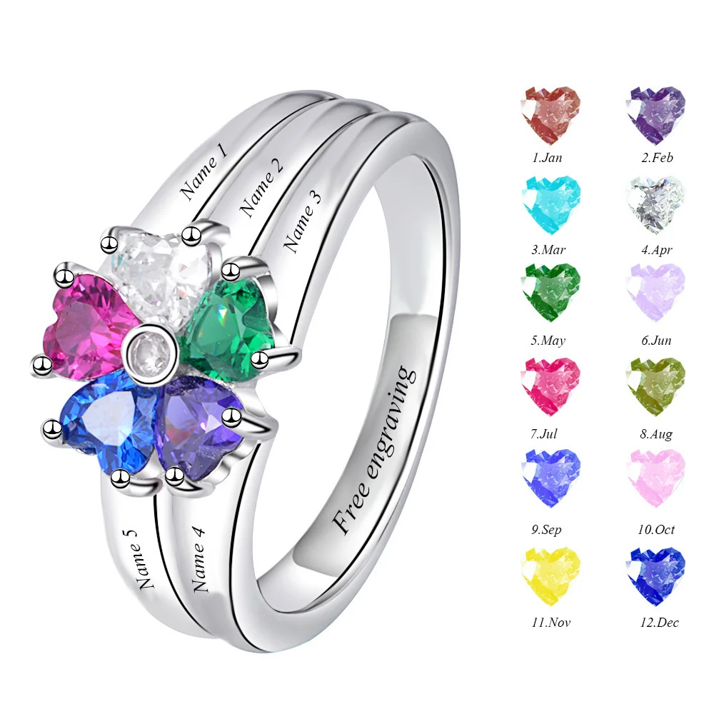 Strollgirl 100% 925 Sterling Silver Personalized Customization Engraved 5 Heart-shaped Birthstones Ring Stelring Silver Jewelry