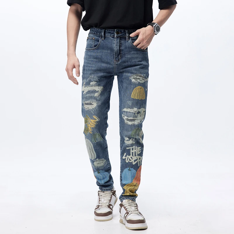 

New MEN'S jeans water washed fashion print slim fit straight elastic street hip hop graffiti casual comfortable denim pants