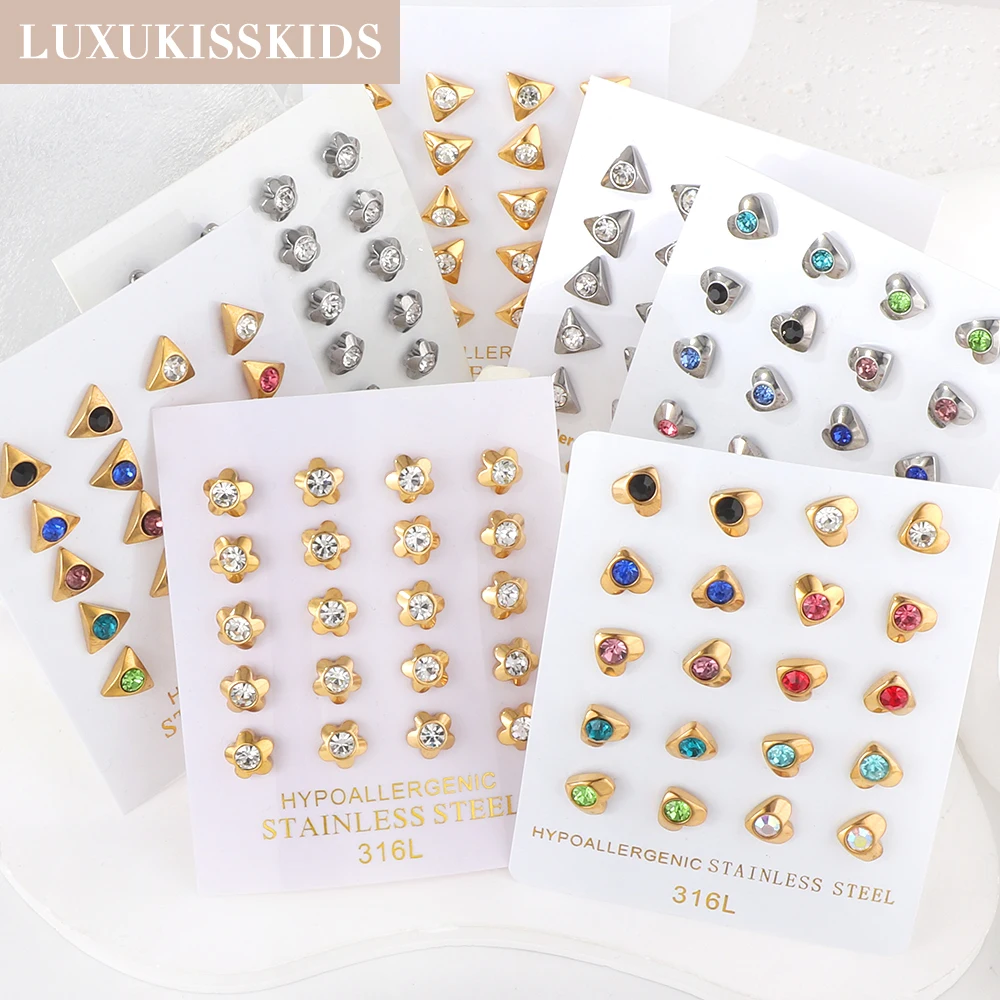 

LUXUKISSKIDS Mix Color Cubic Zirconia Studs Geometric Triangle Tiny Flower Heart Shape 10Pairs Wholesale Earrings Small Business