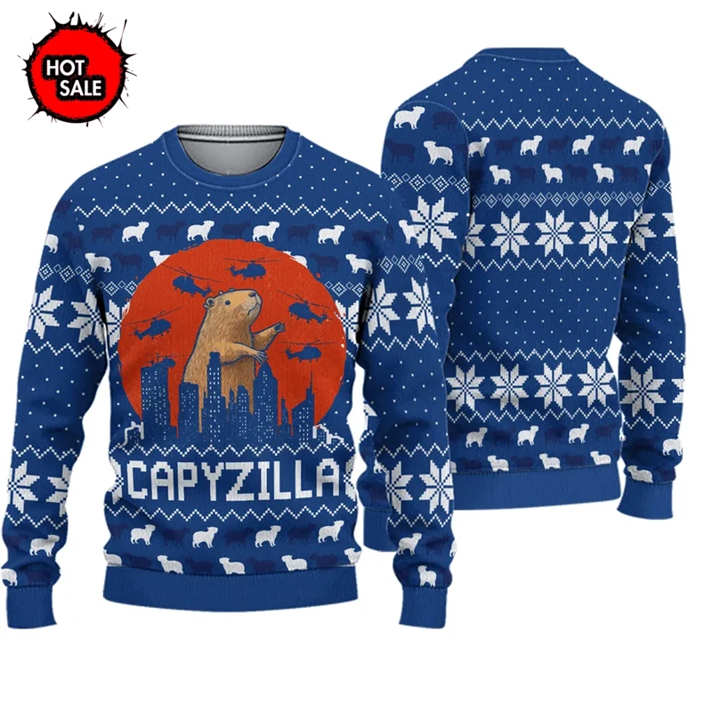 Cute Capybara Pattern Ugly Christmas Sweater Long Sleeve Pullover for Adult And Kid Warm Festive Family Outfit Apparel