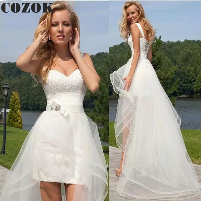 

Lace Princess Cheap Wedding Dress Sweetheart Detachable Train Sleeveless Beach Short Skirt Bridal Gown Vestido De Novia DC59