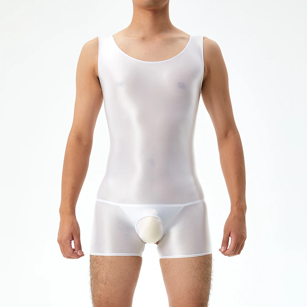 

Men Sexy Open Crotch Bodysuit Oil Glossy Sleeveless Shorts Jumpsuit Seductive Leotard Elastic See Through Leotard Clubwear