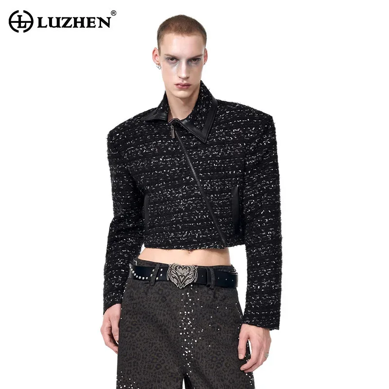 

LUZHEN 2025 New High Quality Personalized Asymmetric Neck Stripe Textured Short Jacket Men's Fashion Luxury Woolen Coat JY5090