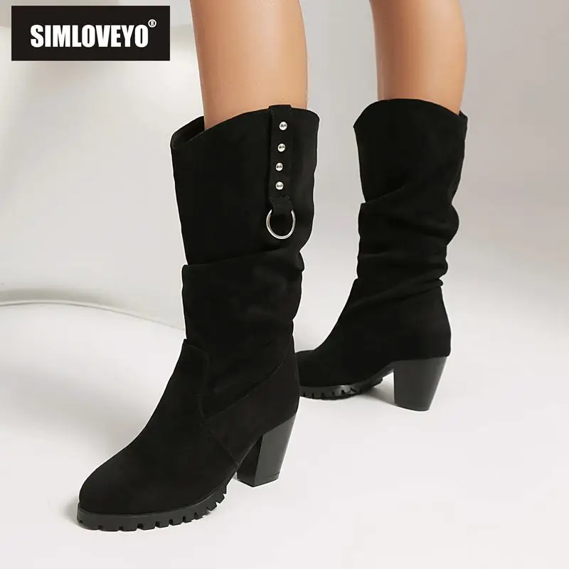 

SIMLOVEYO/Новые повседневные женские ботинки до середины икры, женские замшевые ботинки без шнуровки на толстом каблуке 6,5 см с круглым носком, большие размеры 44-48