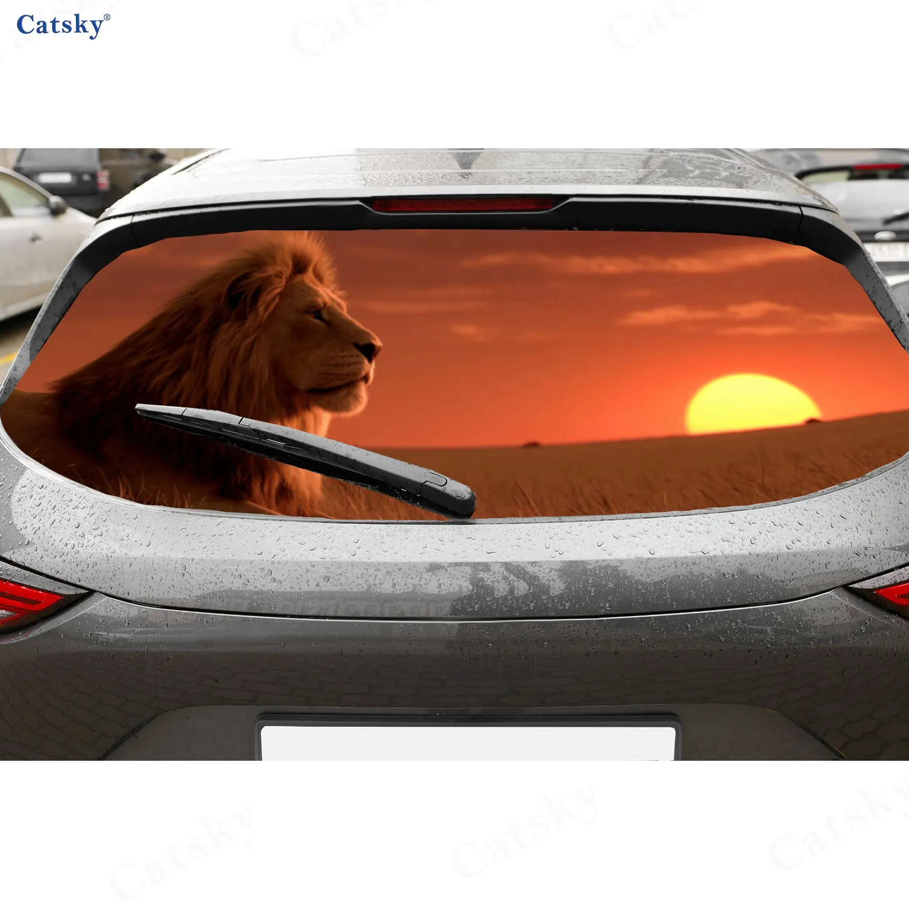 

Sunset Lion Savanna Dominant PVC Perforated Car Vinyl Wraps, Durable Car Rear Windshield Sticker, Waterproof Car Rear Window Dec