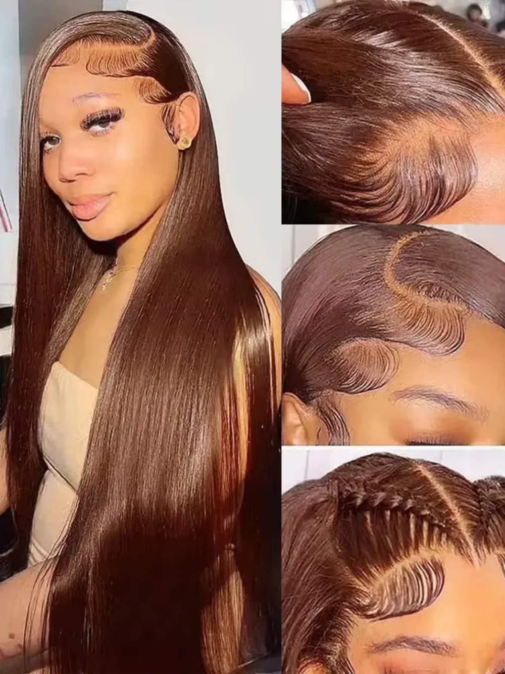 # Peluca de Cabello Humano Liso Color Chocolate Marrón 4, con Frente de Encaje 13x6, Peluca Max-lace con Frente de Encaje HD 13x4, Densidad 220, Teñida para Mujeres