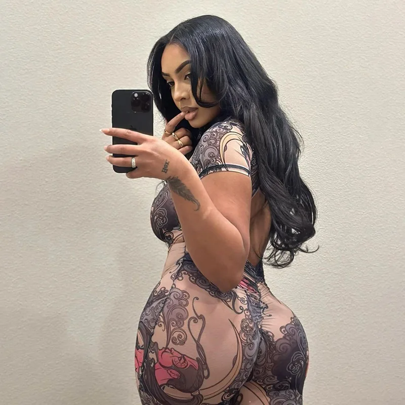 Seksowny kombinezon z odkrytymi plecami, obcisły, wzorzysty, modelujący pośladki, krótki kombinezon, lekki, kwiatowy, uwodzicielski romper.