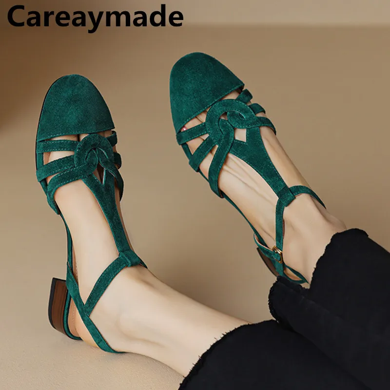 

Careaymade-Handmade Genuine leather Cowsude Pure handmade flat Summer Low Heel Retro Cage Sandals simple casual Roman sandals