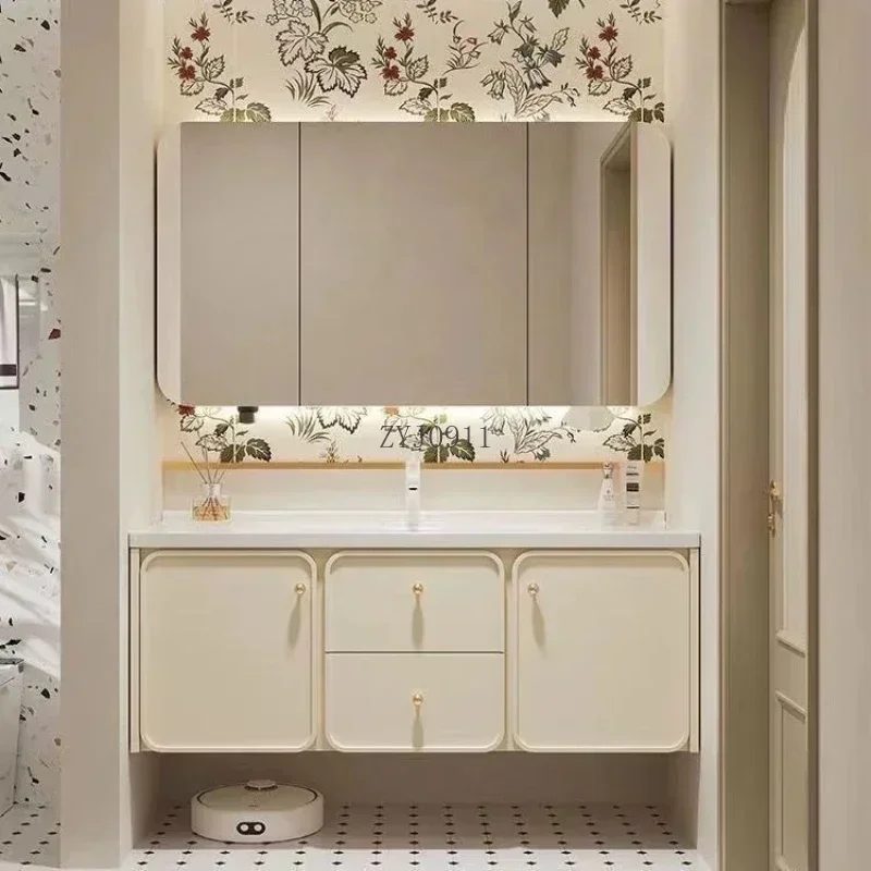 * Armários de banheiro europeus com espelhos inteligentes, lavatório integrado de cerâmica, armário de banheiro com pia, móveis de banheiro