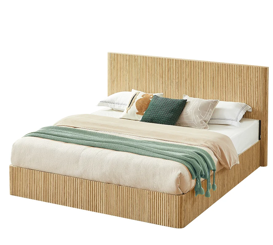 #King Size Modern Convertible Lift Up Storage Bed Frame Wooden Corrugated Curved Lines