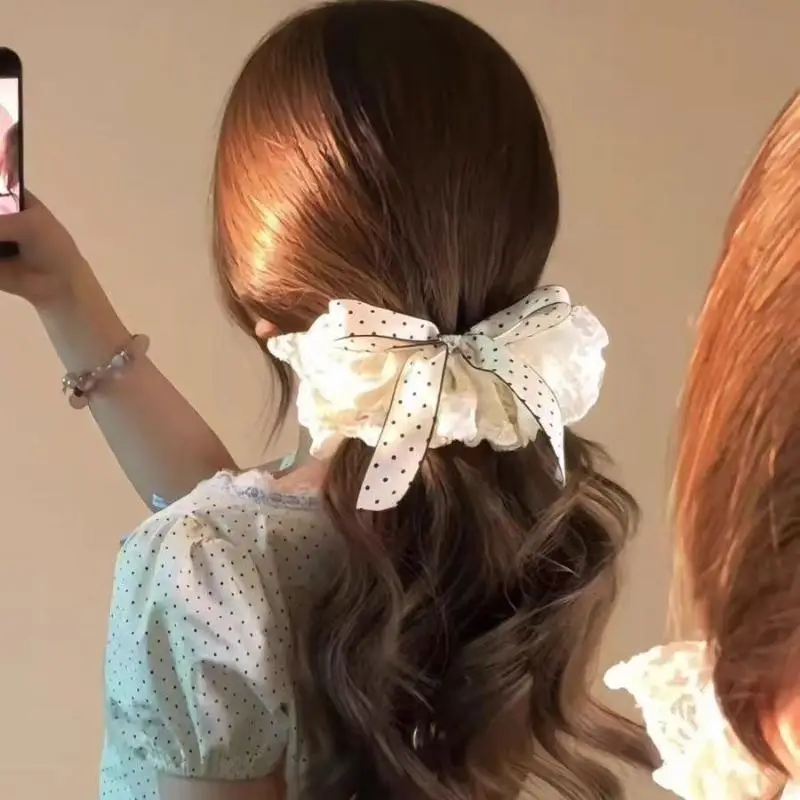 Gepunktete Schleifen-Haarspange im koreanischen Stil, süße Halb-High-Ponytail-Halterung, rutschfeste Haarspange, mädchenhaftes Party-Haar-Accessoire – Detail 4