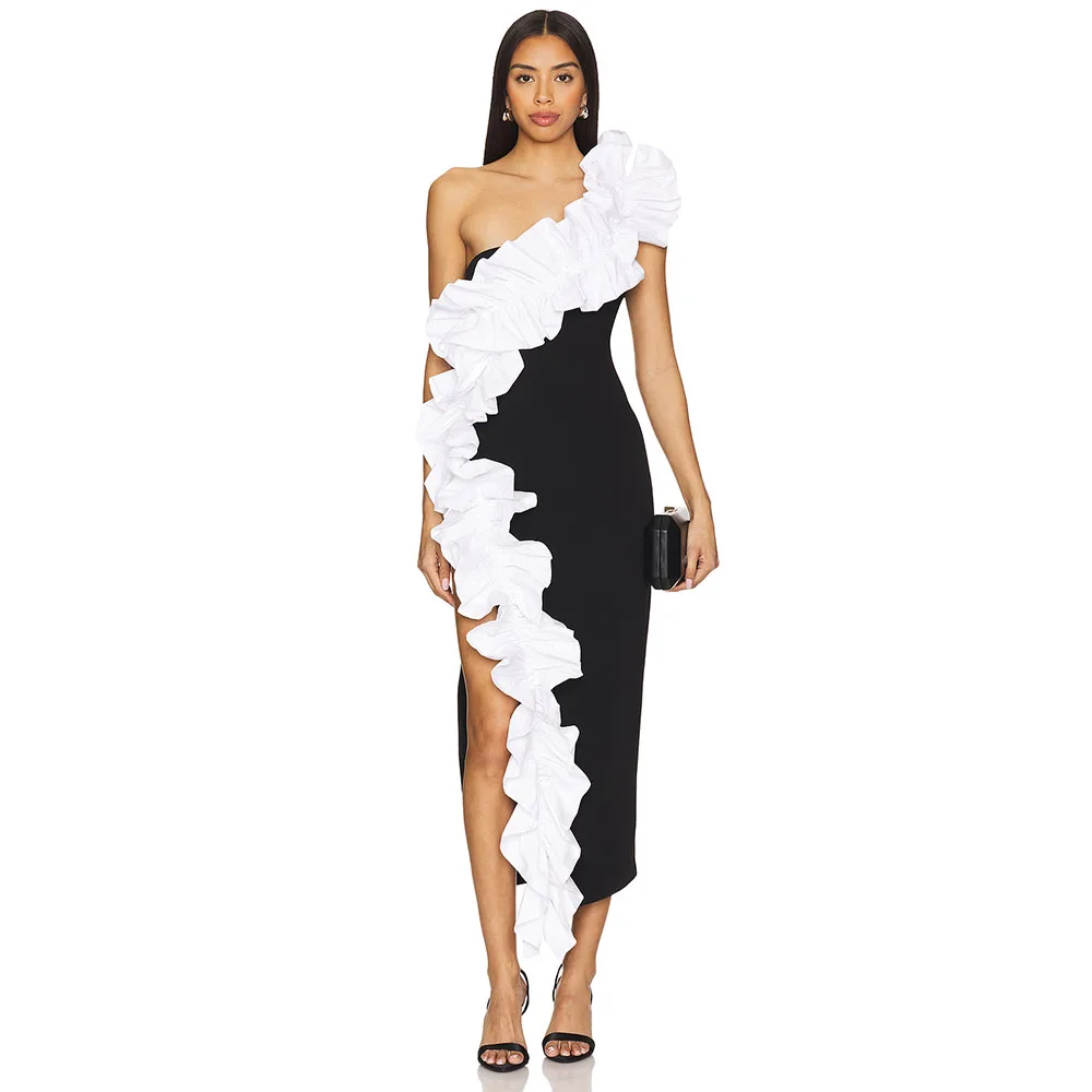 

Modern Black Women's Evening Gown One Shoulder White Puffles Prom Dress Mermaid Slit Tea Length Formal Party Dress Long 2025