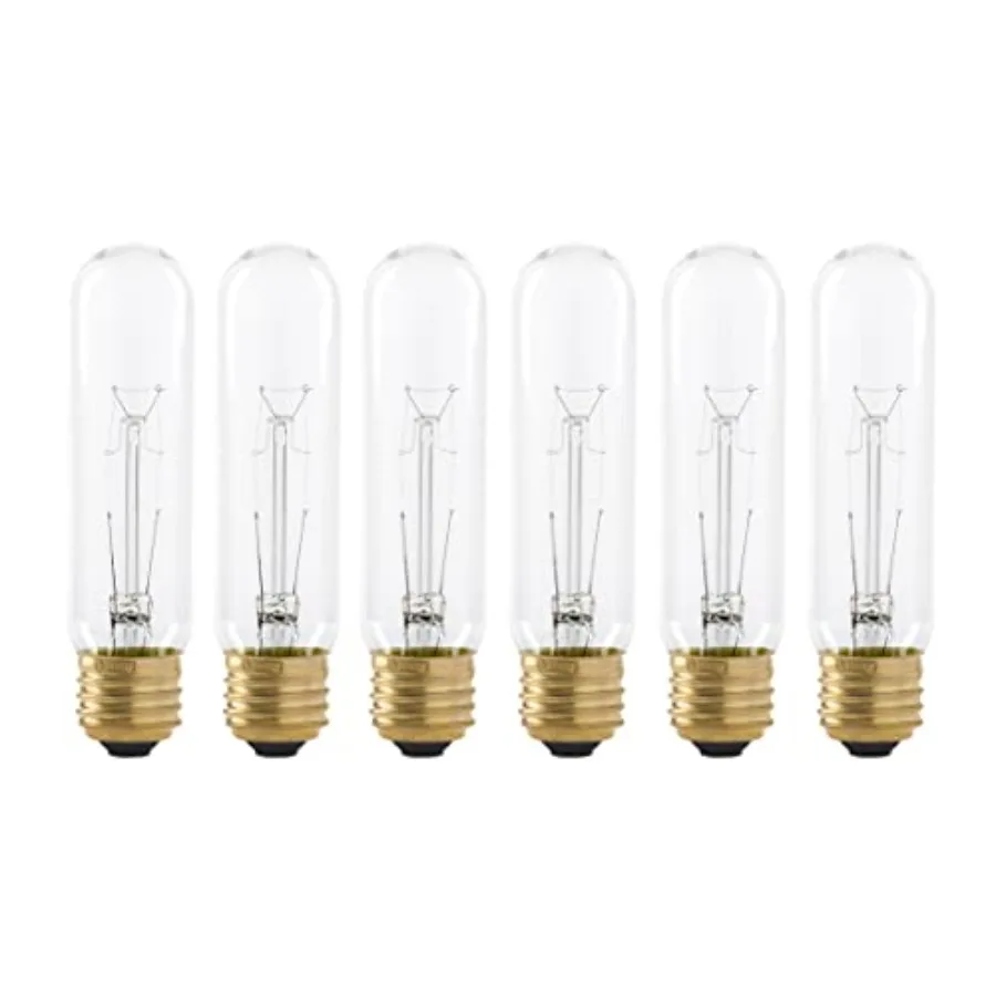 

40 Watt T10 Clear Tubular Incandescent Light Bulb, Showcase Lamp, 2700K Soft White, E26 Medium Base, 280 Lumens, 120V, 6 Pack