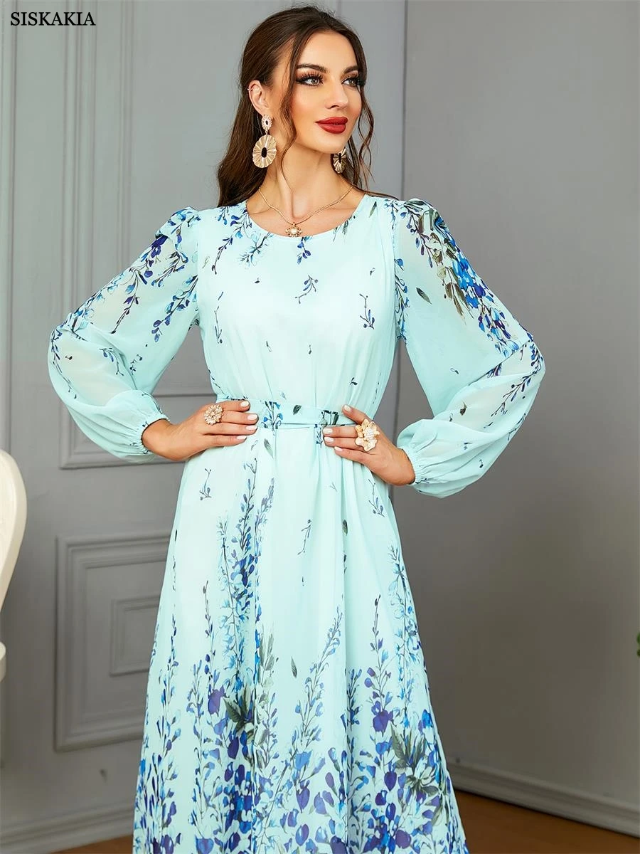 Siskakia Dubai Fashion Floral Lantern Sleeve O-Neck Gulf Women Dress With Sashes Jalabiyat Moroccan Arab Evening Party Abaya