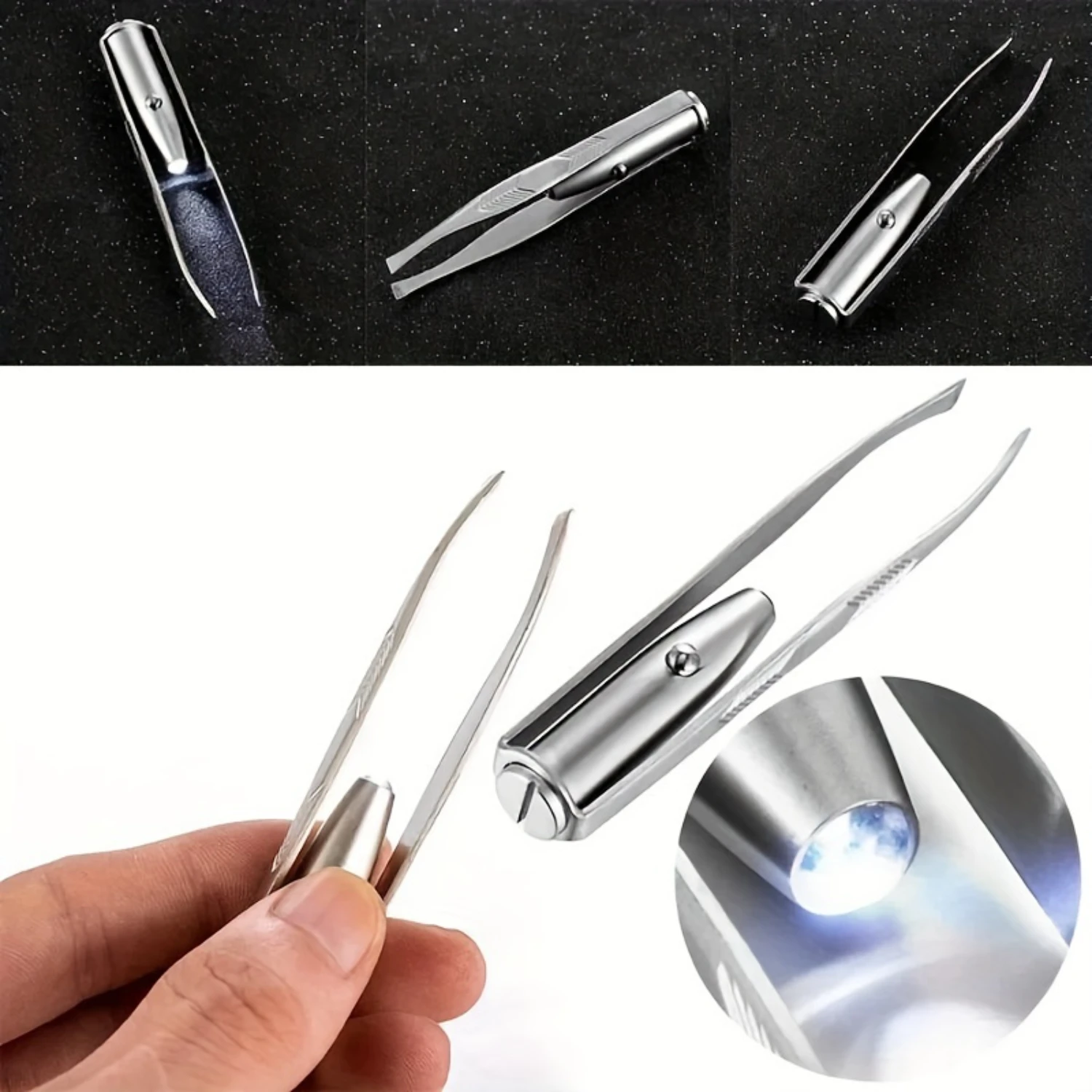 2-Piece Led Eyebrow Tweezers - Stainless Steel Precision Eyelash & Facial Hair Removal Tools, Battery-Powered