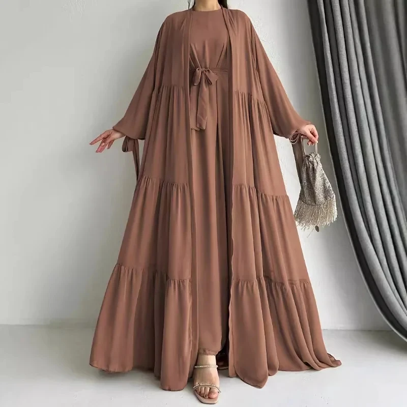 

Two-piece Women's Clothing Solid Color Vest Dress Fashion Elegant Robe Coat Muslim Spring New Products