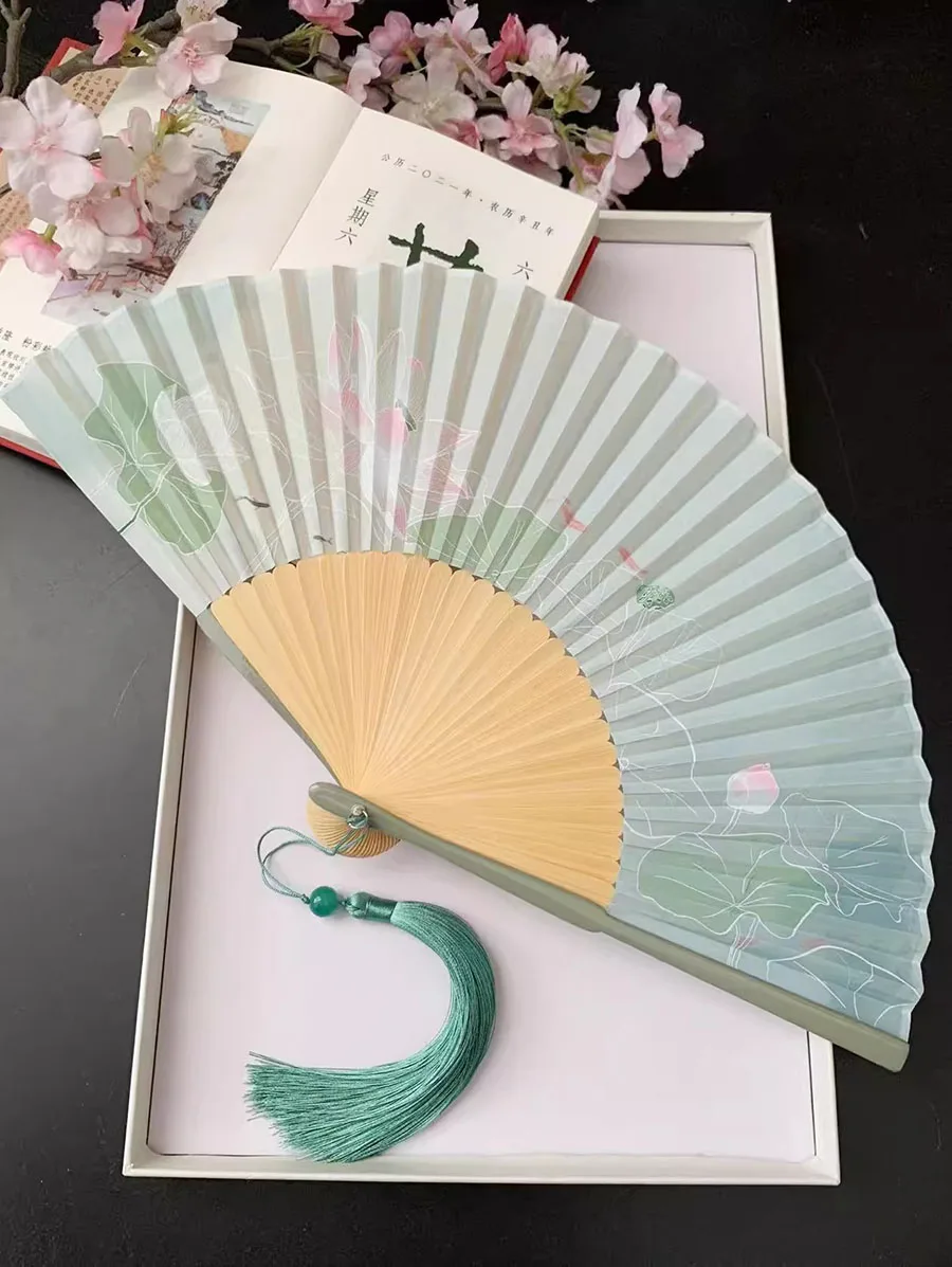 中国風扇子,夏,漢服,qipao,蓮の緑,女性用