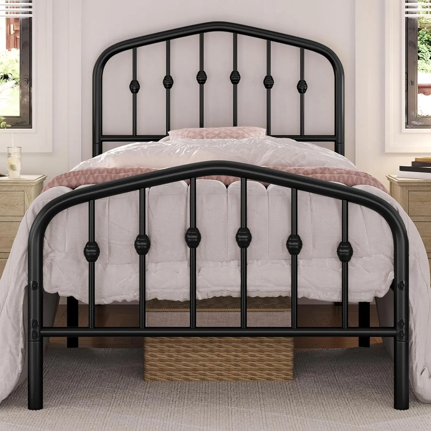 Twin Bed Frames Metal Platform Bed with Victorian Style Wrought Iron Headboard and Footboard/Easy Assembly/No Box Spring Needed/