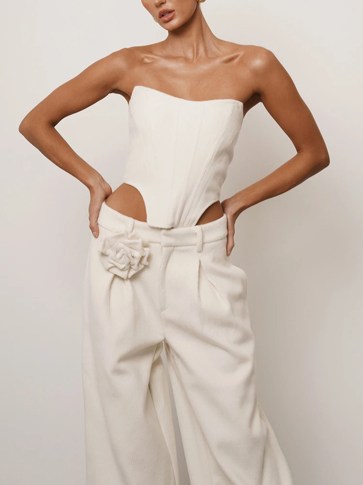 TWOTWINSTYLE Detachable Appliques Two Piece Set For Women Strapless Sleeveless Top High Wide Leg Pant Casual Sets Female Style