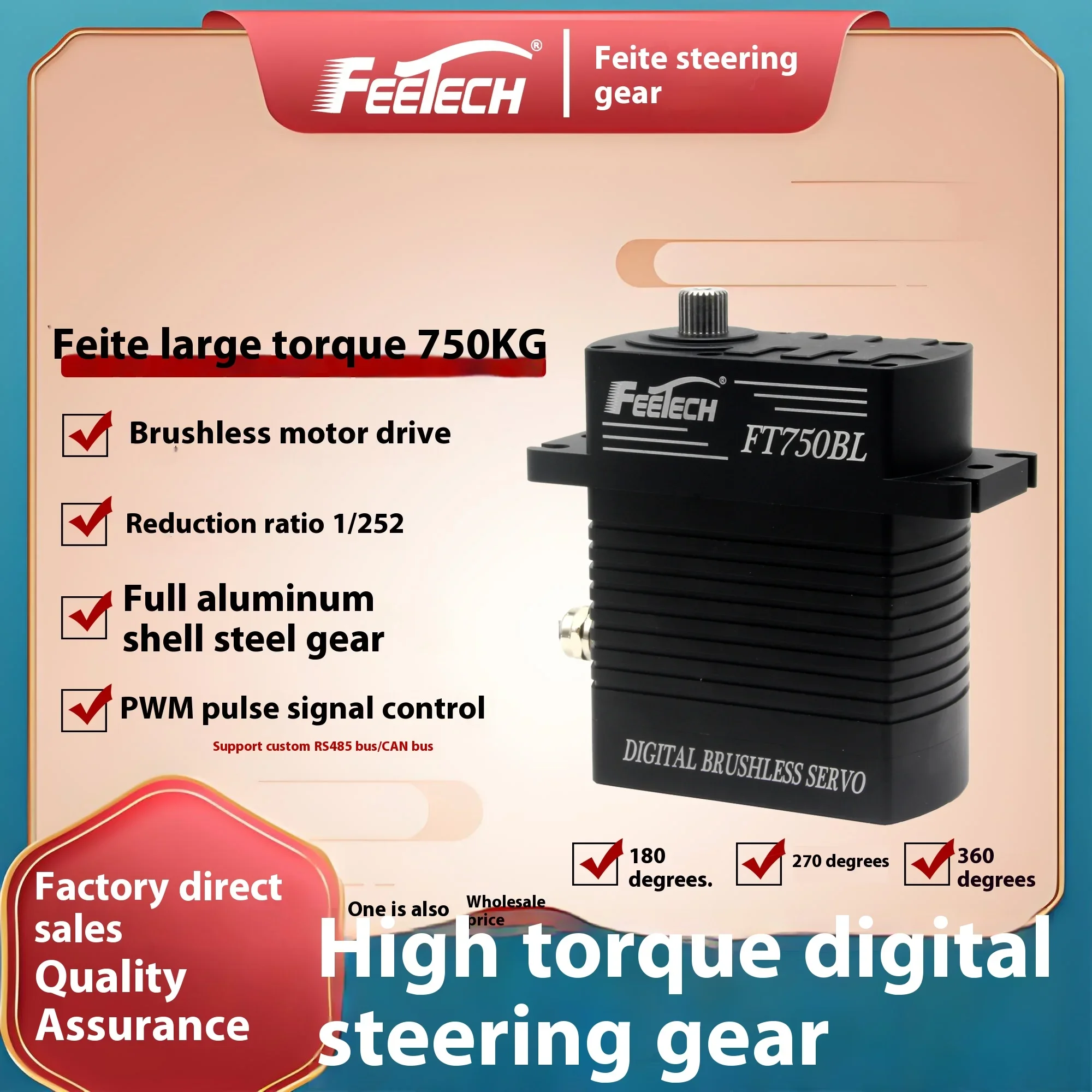 Feite 750 кг Полностью алюминиевый корпус 24 В Цифровой 180 градусов Промышленный робот Рулевое управление с высоким крутящим моментом Металлические радиоуправляемые сервоприводы RC Запчасти Accs f
