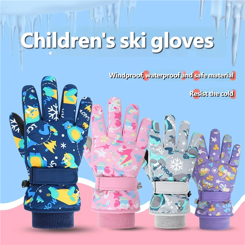 

Cartoon Children Ski Gloves Waterproof Thicken Five Finger Mittens Keep Finger Warmer Winter Kids Glove for Boys Girls 4-13Years