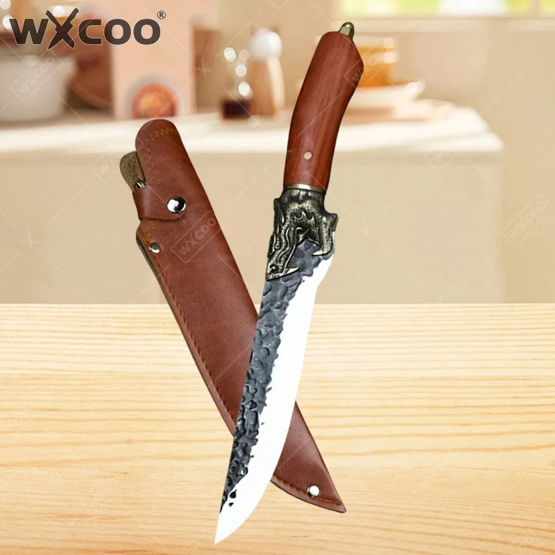 

Кухонный нож WXCOO ручной ковки из высокоуглеродистой стали: тесак, универсальный нож, нож для разделки с деревянной рукоятью и чехлом, для дома